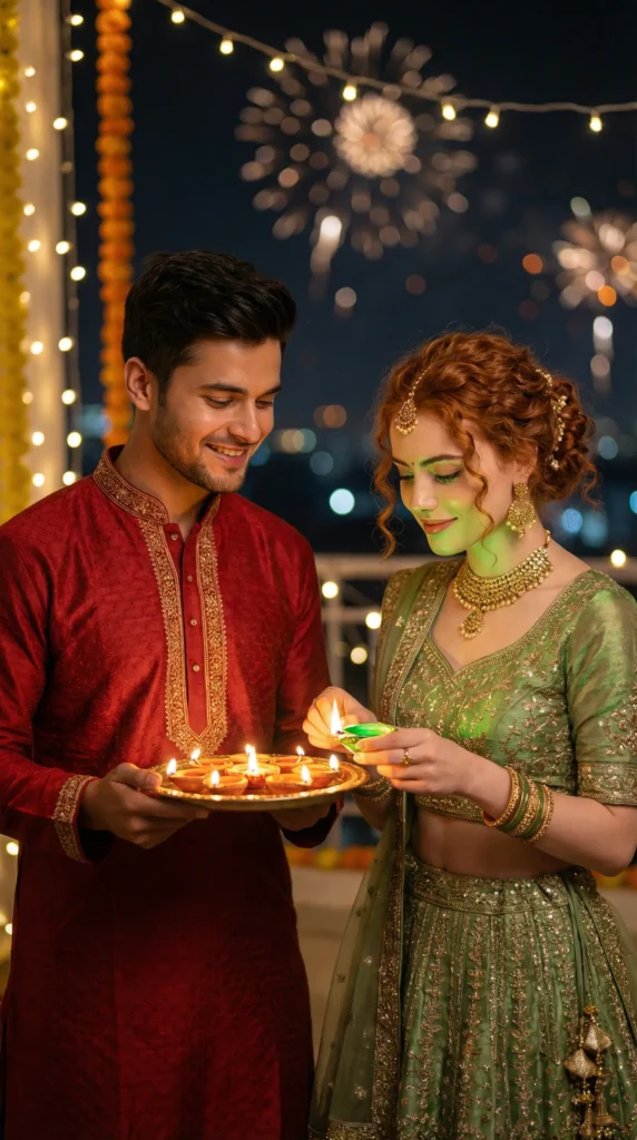 Couple Portrait with Fireworks and Diyas