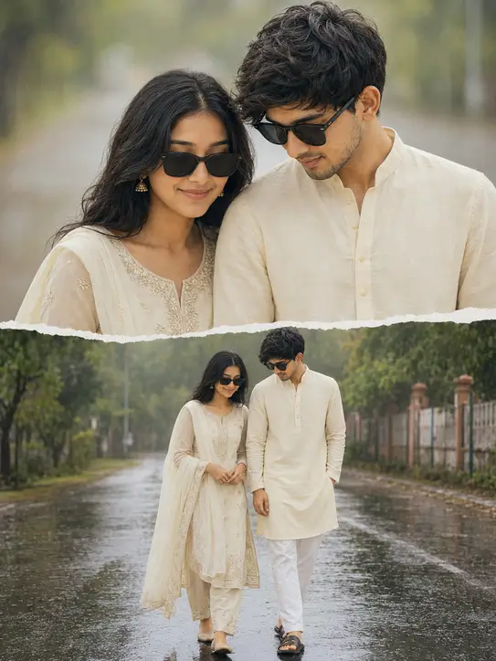 Gemini AI Couple Photo Prompt – Rainy Road Collage