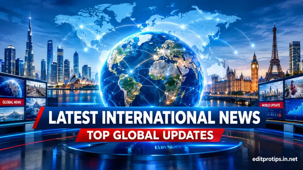 Latest international news headlines today featuring a digital globe and world map.