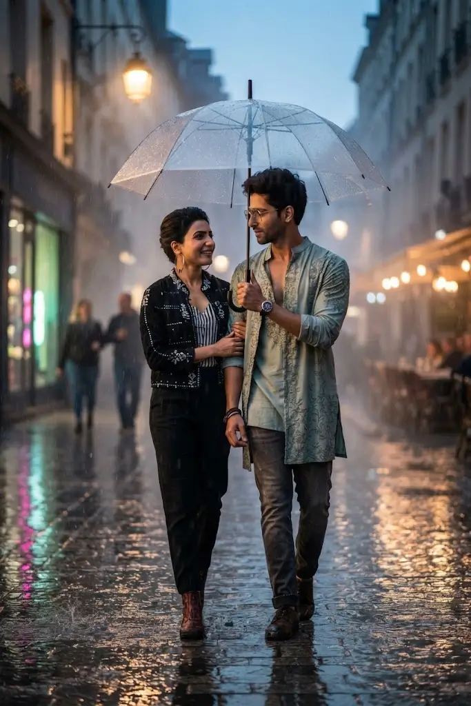Rainy romantic couple photo prompt for instagram