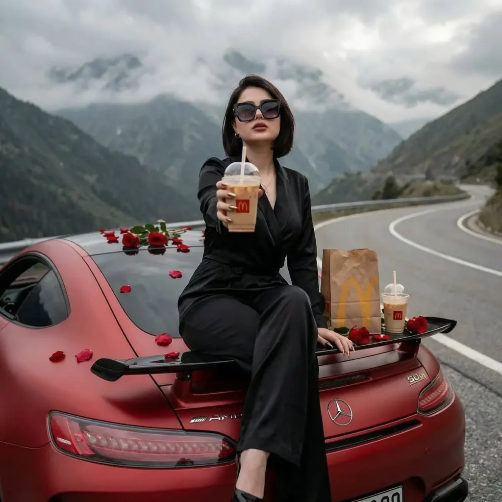 Woman on Sports Car with McDonald's and Roses